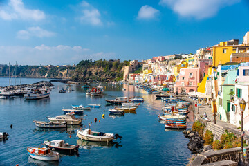 Aerial drone view of Corricella fisherman village in Procida island Naples Italy