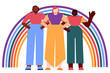 Tree colorful diverse people under a rainbow. Gay, sexuality, queer, pride. LGBTQ+ community, support, celebration of self. Joy. Character design, Modern colorful vector illustration