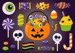 Happy halloween sweet candy party set isolated on purple background. vector illustration.