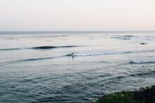 Lone Surfer Out In The Ocean, Lots Of Negative Space And Open Areas, Calming Photo For Backgrounds Or Cafe Printed Photo
