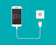 Charger with phone for charge battery of smartphone. Low level of charge in cellphone screen. Cable with plug, adapter and socket for empty battery. Power of energy in socket. Cartoon icon. Vector