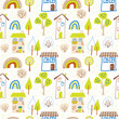 © Amarievikka - Funny childish drawing of houses, trees and rainbows on a white background. Seamless vector pattern with houses for childrens textiles and wallpaper on the wall