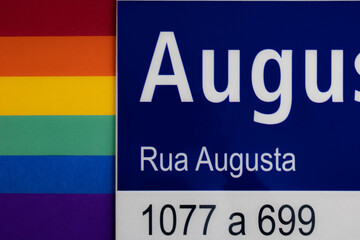 Augusta Street with LGBTQIA+ flag. São Paulo, Brazil. Augusta street is a place where LGBTQIA+ community holds frequent meetings