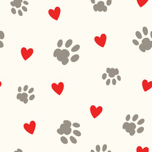 Seamless Vector Repeat Pattern With Tan Tossed Paw Prints And Red Hearts On Cream Background. Great For Pet Related Projects