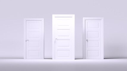 Wall Mural - 3d render, abstract background with three closed door in a white room. architectural interior elemen