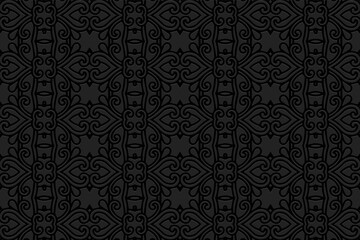 Wall Mural - 3D volumetric convex embossed geometric black background. Vintage pattern, artistic texture in arabesque style. Ethnic oriental, Asian, Indonesian, Mexican ornaments.