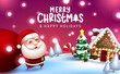 Merry christmas vector design. Merry christmas text with santa claus character walking and holding sack bag in outdoor xmas eve for holiday season. Vector illustration
