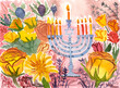 Chanukah Menorah with candles and flowers