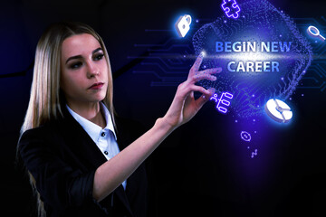 Business, Technology, Internet and network concept. Young businessman working on a virtual screen of the future and sees the inscription: Begin new career