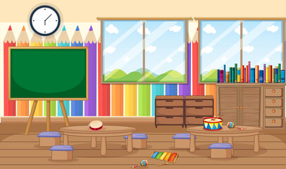 Poster - Empty kindergarten room with classroom objects and interior decoration