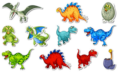 Wall Mural - Sticker set with different types of dinosaurs cartoon characters