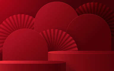 3d Podium round, square box stage podium and paper art Chinese new year,Chinese Festivals, Mid Autumn Festival, red paper cut, fan, flower and asian elements with craft style on background.