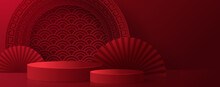 3d Podium Round, Square Box Stage Podium And Paper Art Chinese New Year,Chinese Festivals, Mid Autumn Festival, Red Paper Cut, Fan, Flower And Asian Elements With Craft Style On Background.
