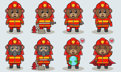 Vector illustration of Baer firefighters set. Fire fighter profession with flat design style. Good for icon, label, sticker, clipart.