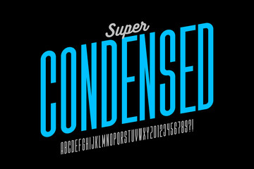 super condensed style font design, tall alphabet, letters and numbers vector illustration