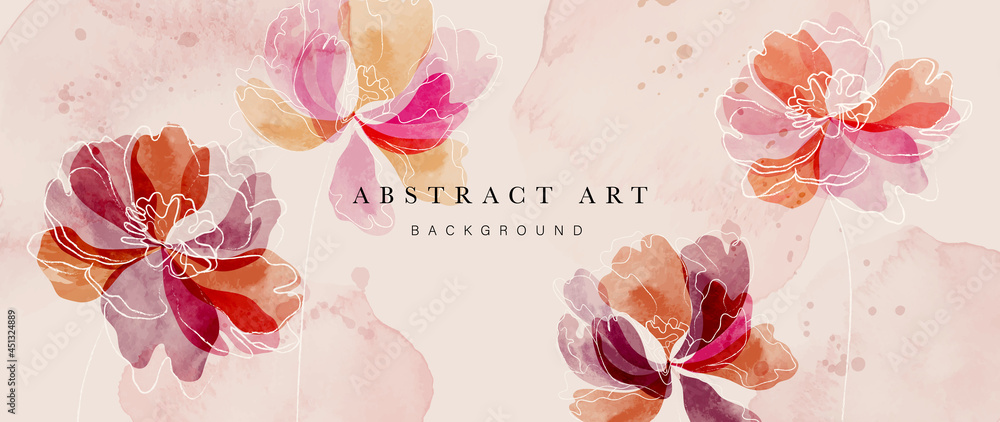 Flower watercolor art background vector. Wallpaper design with floral paint brush line art. leaves and flowers nature design for cover, wall art, invitation, fabric, poster, canvas print. - obrazy, fototapety, plakaty 
