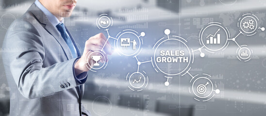 Wall Mural - sales growth man clicks inscription on virtual 3d screen
