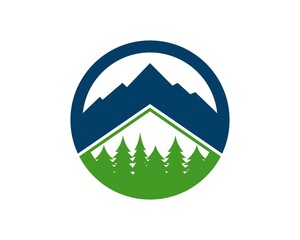 Sticker - Circle shape with mountain and pine forest