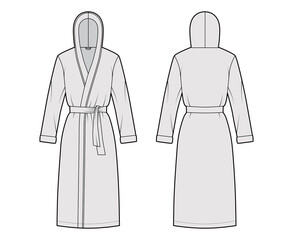 Bathrobes hooded Dressing gown technical fashion illustration with wrap opening, knee length, oversized, tie, long sleeves. Flat garment apparel front, back, grey color. Women, men, unisex CAD mockup
