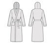 Bathrobes hooded Dressing gown technical fashion illustration with wrap opening, knee length, tie, pocket, long sleeves. Flat garment apparel front, back, grey color. Women, men, unisex CAD mockup