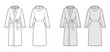 Bathrobes hooded Dressing gown technical fashion illustration with knee length, oversized, tie, pocket, long sleeves. Flat garment apparel front, back, white grey color. Women, men, unisex CAD mockup