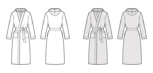 Bathrobes hooded Dressing gown technical fashion illustration with knee length, oversized, tie, pocket, long sleeves. Flat garment apparel front, back, white grey color. Women, men, unisex CAD mockup