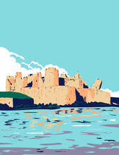 Art Deco Or WPA Poster Of Caerphilly Castle And Moat Within Brecon Beacons National Park, Caerphilly, South Wales United Kingdom Done In Works Project Administration Style.