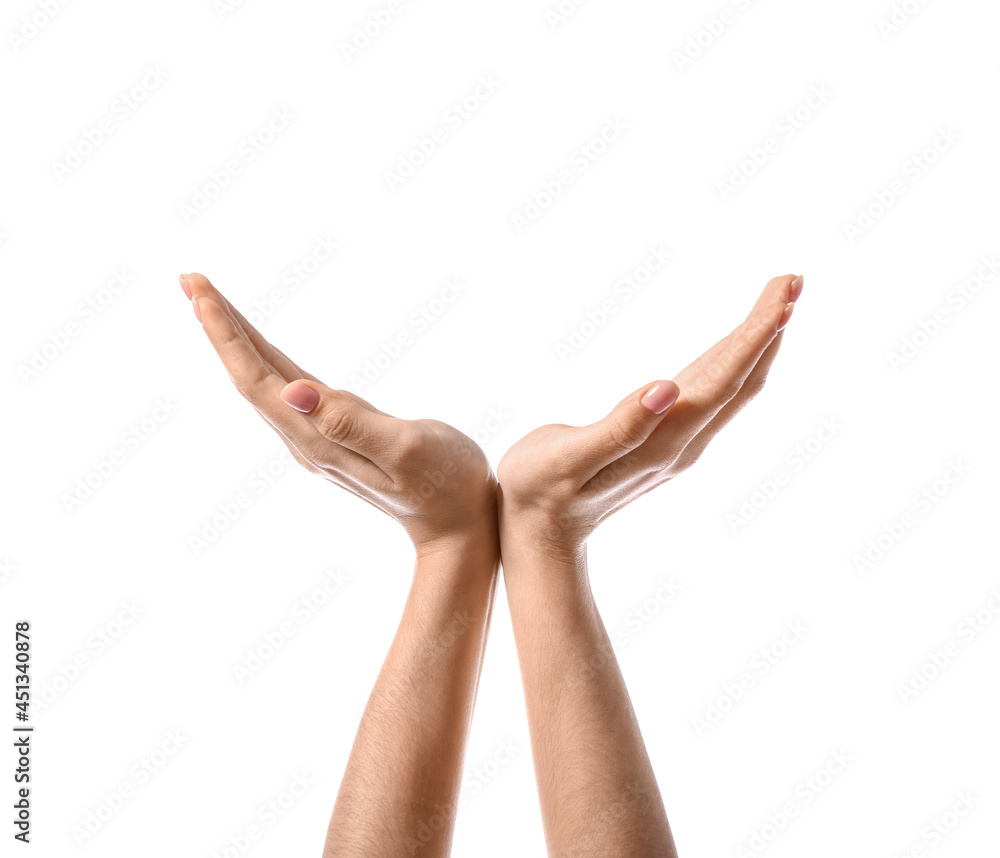 Woman holding something on white background