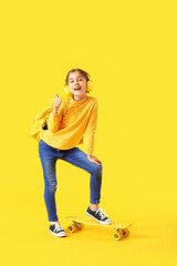 Sticker - Happy little girl listening to music on color background