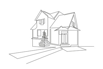 Aufkleber - One continuous line drawing of family two story house at village. Modern concept of Home architecture in minimalistic linear style. Doodle Vector illustration