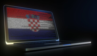 Laptop and source code on the screen composing flag of Croatia. National information technology related 3d rendering