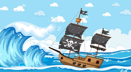 Wall Mural - Ocean with Pirate ship at day time scene in cartoon style