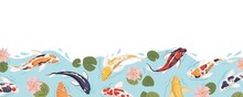 Japan Koi Fish Border. Sea Japanese Carp Swimming In Water With Flowers. Chinese Marine Animals In Pond. Horizontal Decorative Edge. Colored Flat Vector Illustration Isolated On White Background