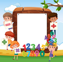 Wall Mural - Empty wooden frame with school kids and math objects