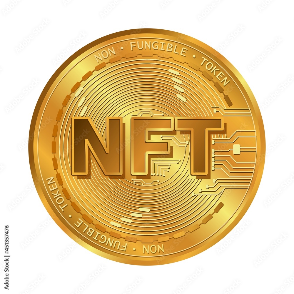 Non-fungible token (NFT) coin.Gold coin and 3d.Digital art crypto currency.  스톡 벡터 | Adobe Stock