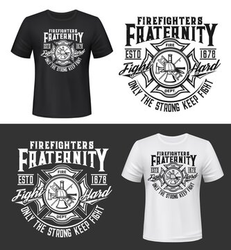 Fire department firefighter emblem t-shirt retro print template. Firefighting rescue service apparel vector print. Fireman dept maltese cross symbol with helmet and ladder, hook and vintage typography