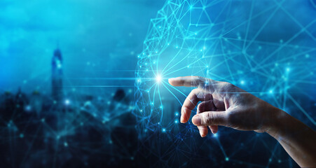 Leinwandbilder - Man touching global structure networking and data exchanges, Global digital connections with technology, Telecommunication and communication for internet business and social media networking.