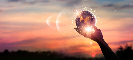 Leinwandbilder - Businessman holding global network and data exchanges, Global digital connections with technology, Telecommunication and communication for internet business and social media networking.