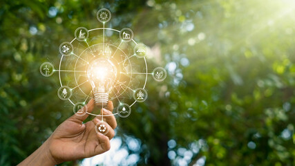 Wall Mural - hand holding light bulb against nature on green forest with icons energy sources for renewable, sust