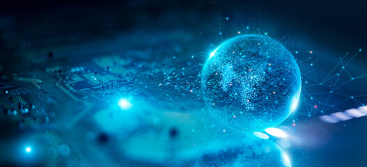 Leinwandbilder - Technology and global digital networking connections. Futuristic circuit and data server of internet on social network. Science. Big data. Blue tone.