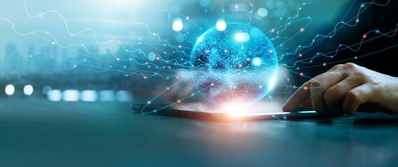 Fototapete - .Global network connection concept, Abstract science, Businessman touch global network connection and data exchanges on digital tablet. city background.