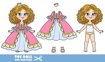 Poster - Cartoon girl with curle haired in underwear, dressed and clothes separately - lush ball pink and blue dress, crown and sandals doll for dressing