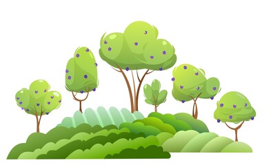 Wall Mural - Garden and rolling hills. Rural landscape with fruit plum trees and farmer hills. Cute funny cartoon design illustration. Flat style. Isolated on white. Vector