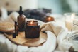 canvas print picture - Natural organic oil and bottles with herbal cosmetics. Home spa and beauty rituals.