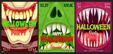 Halloween Party Vector Flyers With Monster Mouths. Happy Halloween Horror Night Event Invitation Posters With Open Toothy Jaws With Sharp Teeth, Dripping Saliva, Blood And Tongues, Cartoon Cards Set