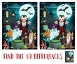 Child spot differences game with Halloween monsters. Kids find details exercise, children playing activity or riddle. Dracula vampire, zombie and ghost, sorcerer or wizard cartoon vector characters