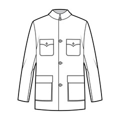 Wall Mural - Mao jacket technical fashion illustration with oversized, classic collar, flap pockets, long sleeves, button closure. Flat coat apparel template front, white color style. Women, men, unisex CAD mockup