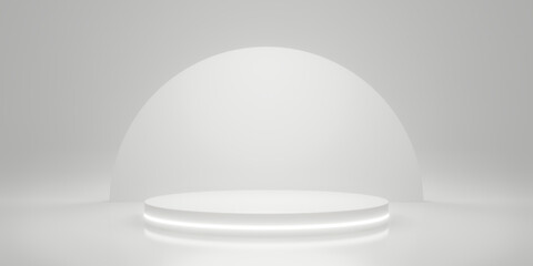 Wall Mural - Blank white gradient background with circle glowing product display platform. Empty studio with podium pedestal on a white backdrop. 3D rendering