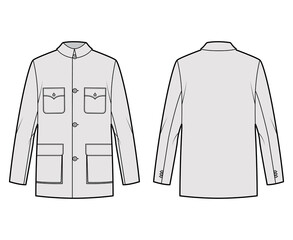 Wall Mural - Mao jacket technical fashion illustration with oversized, classic collar, pockets, long sleeves, button closure. Flat coat apparel template front, back, grey color style. Women, men, unisex CAD mockup