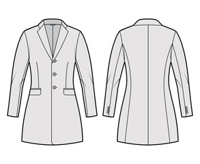 Sticker - Jacket fitted Blazer structured suit technical fashion illustration with single breasted, long sleeves, flap pockets, fingertip length. Flat coat template front, back, grey color. Women, men CAD